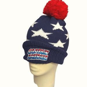 Marvel Captain America Mens Knit Pom Beanie Hat Navy Blue Stars Embroidered Logo